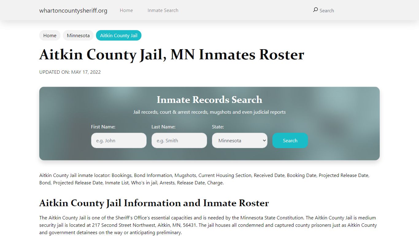 Aitkin County Jail, MN Jail Roster, Name Search